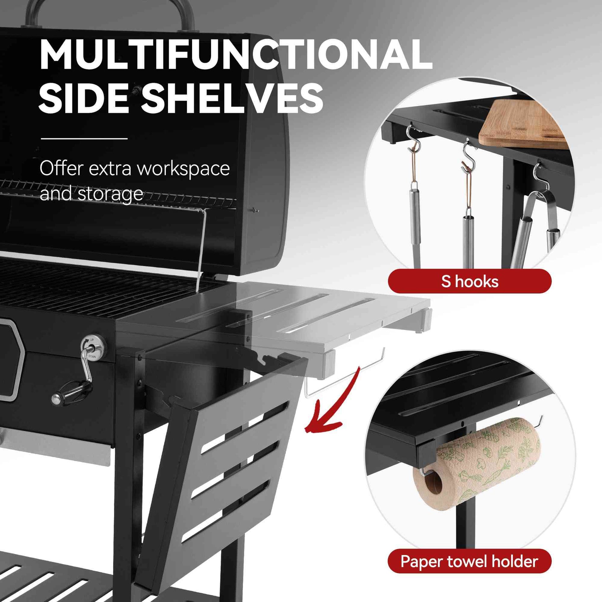 Royal Gourmet outdoor charcoal grill with adjustable pan and collapsible tables, showing the spacious cooking surface and sturdy design.
