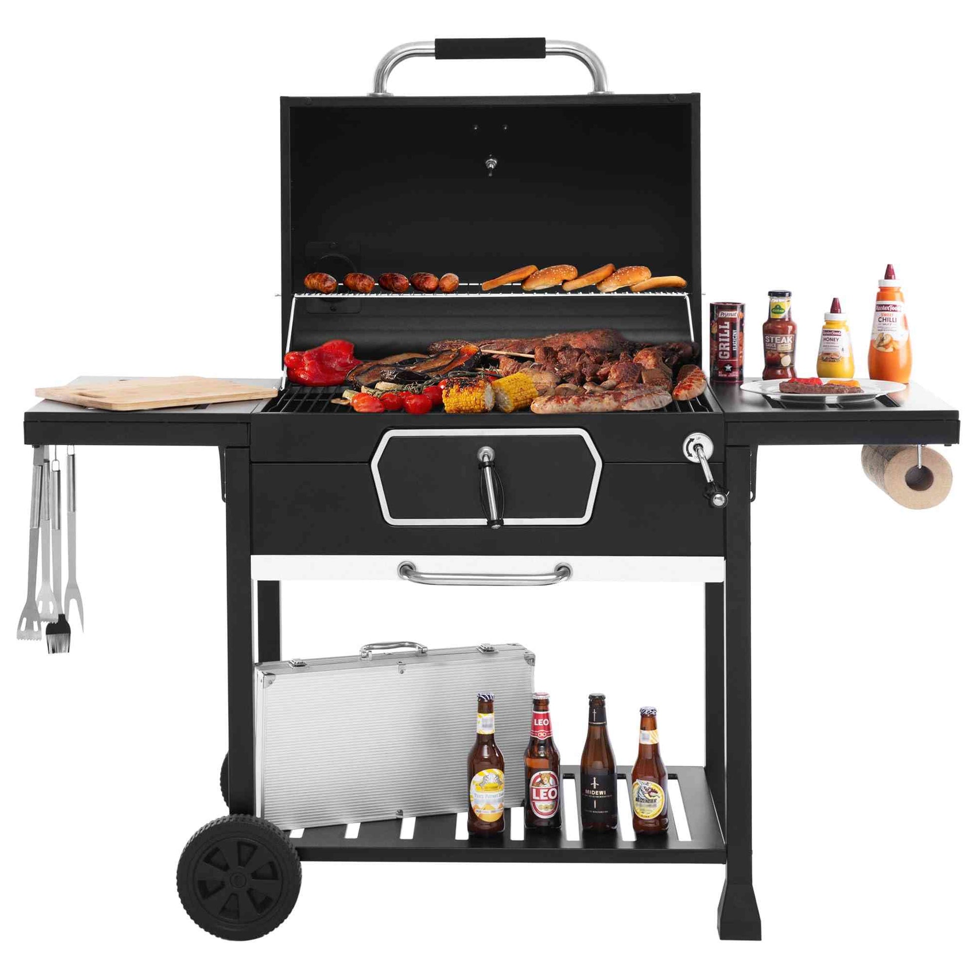 Royal Gourmet outdoor charcoal grill with adjustable pan and collapsible tables, featuring a large 719 sq.in cooking area.