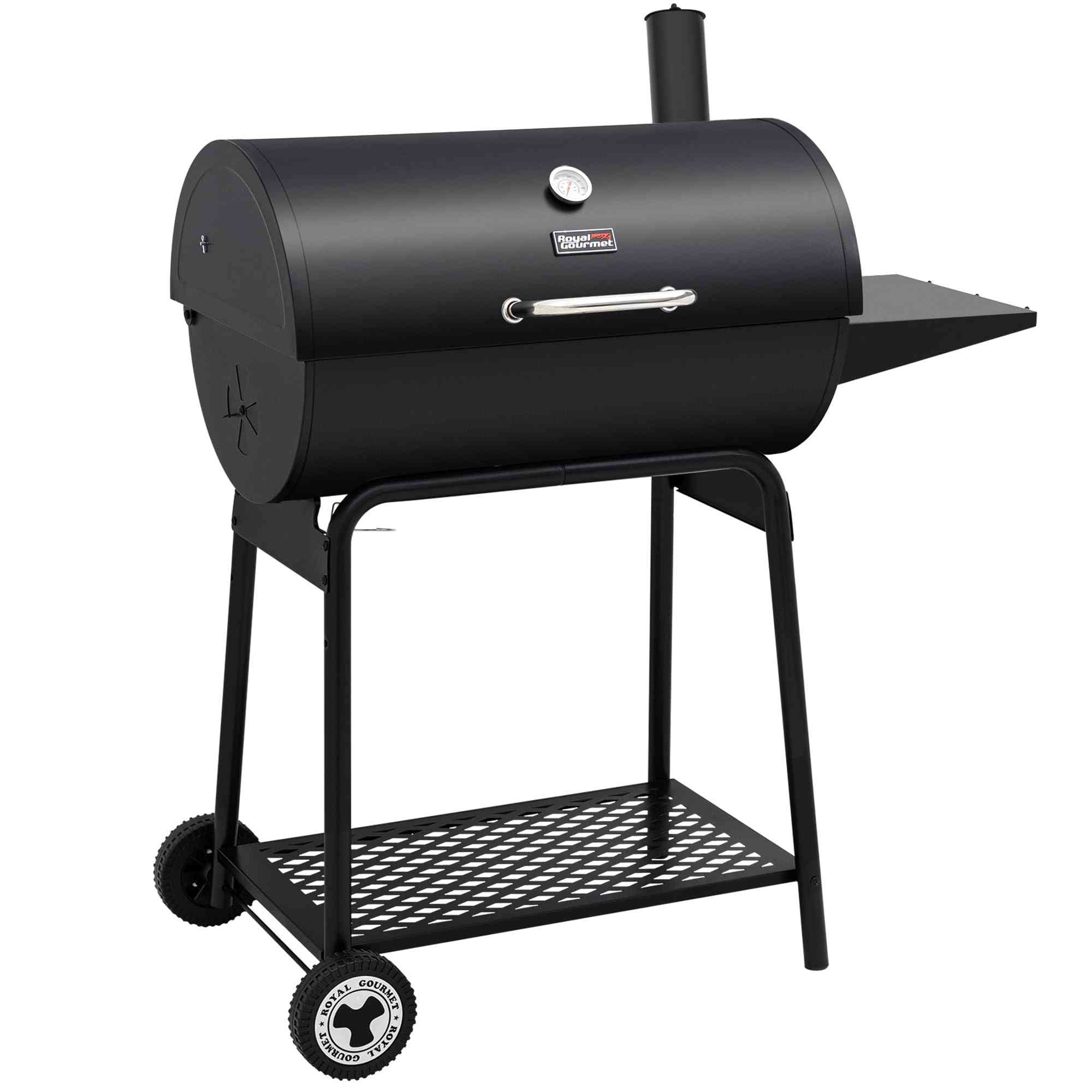 Royal Gourmet CC1830 30-inch barrel charcoal outdoor grill with 627 sq.in cooking space, featuring a sturdy metal construction.