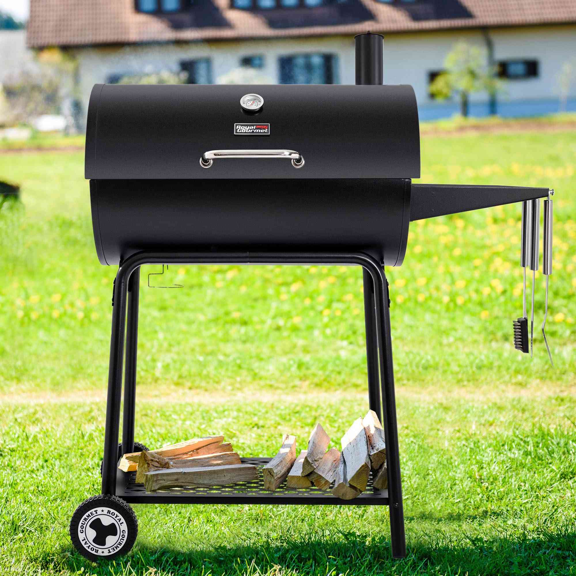 Royal Gourmet CC1830 30-inch barrel charcoal outdoor grill with 627 sq.in cooking space and adjustable vents, black finish.