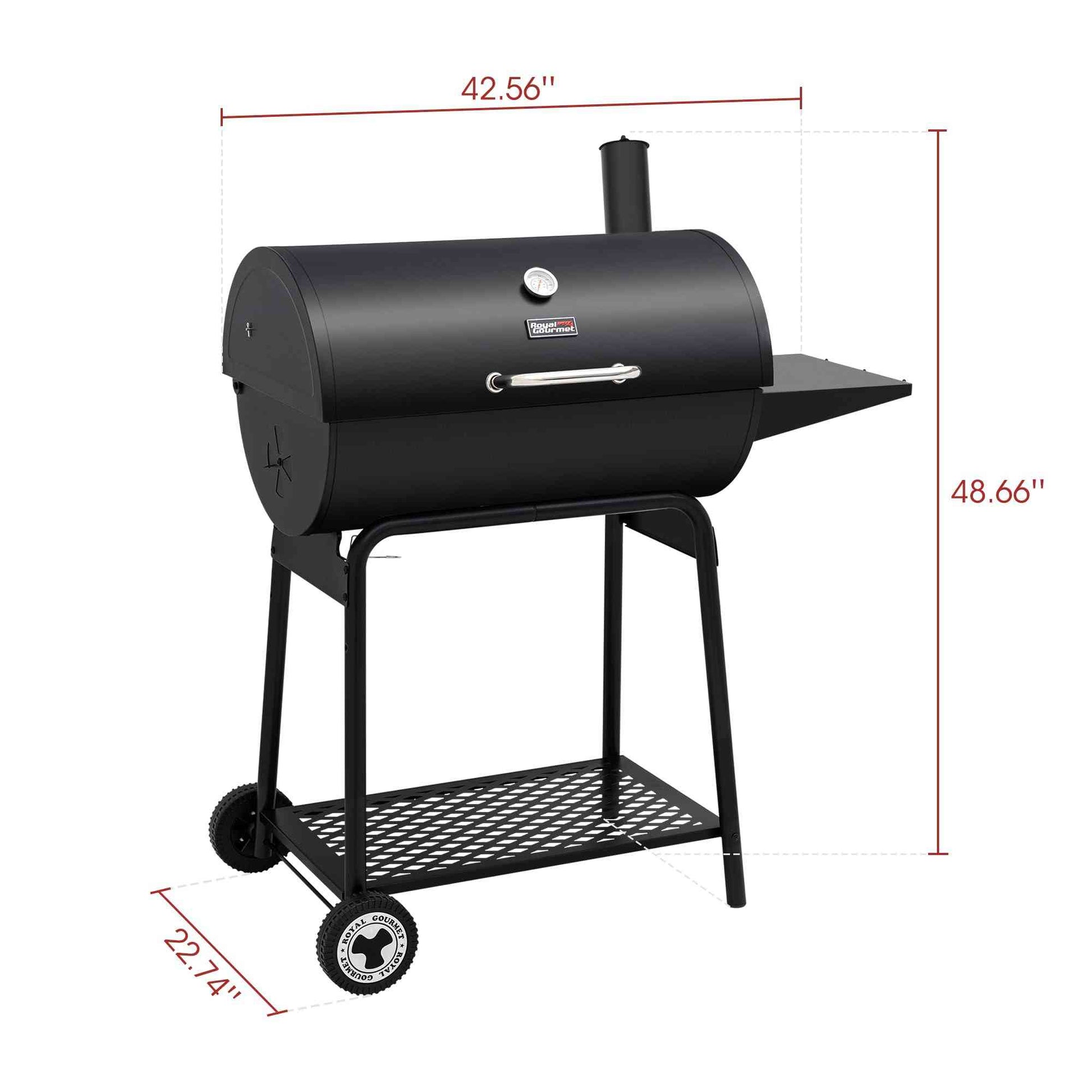 Royal Gourmet CC1830 30-inch barrel charcoal outdoor grill with 627 sq.in cooking space, featuring black metal construction and adjustable vents.