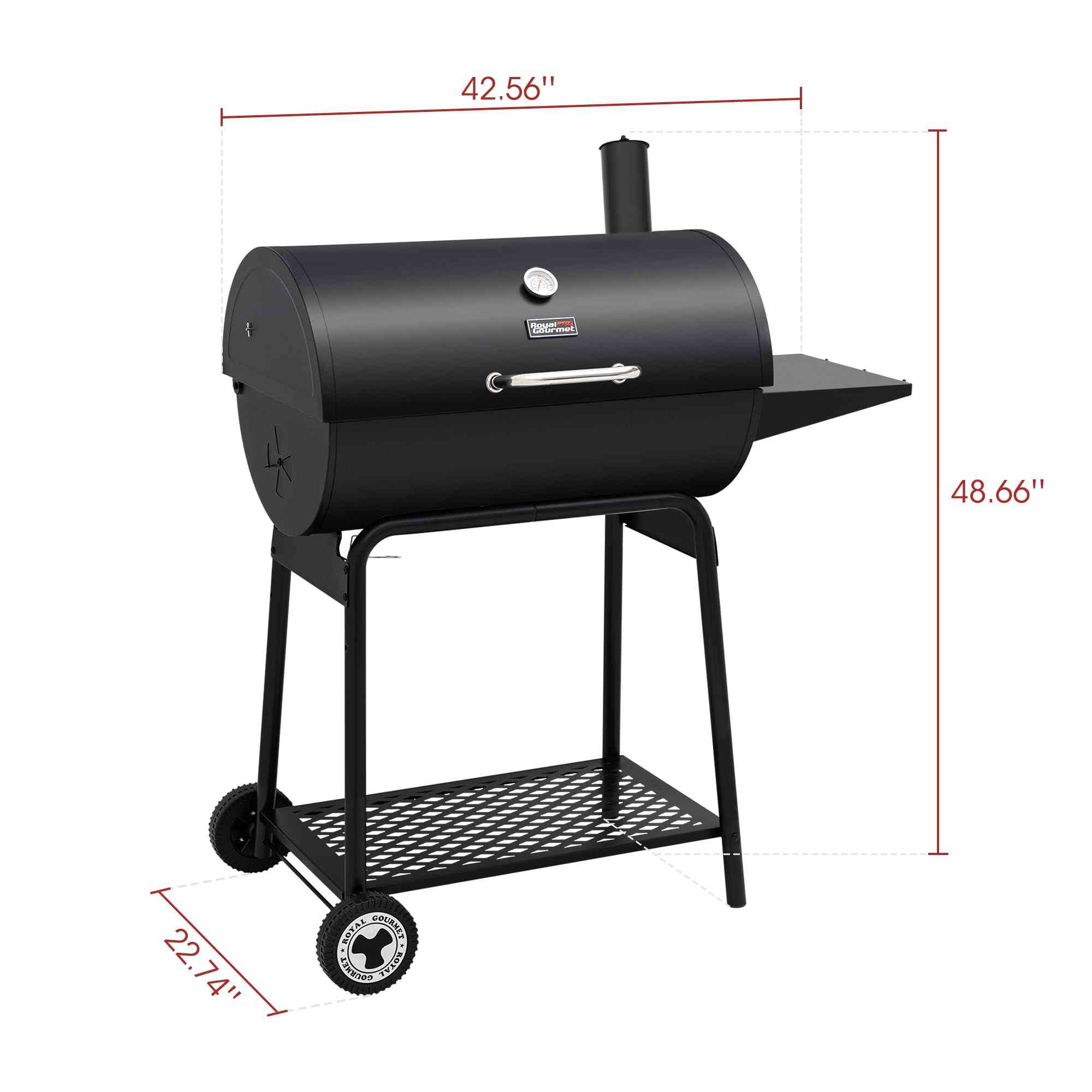 Royal Gourmet CC1830 30-inch barrel charcoal outdoor grill with 627 sq.in cooking space, featuring black metal construction and adjustable vents.
