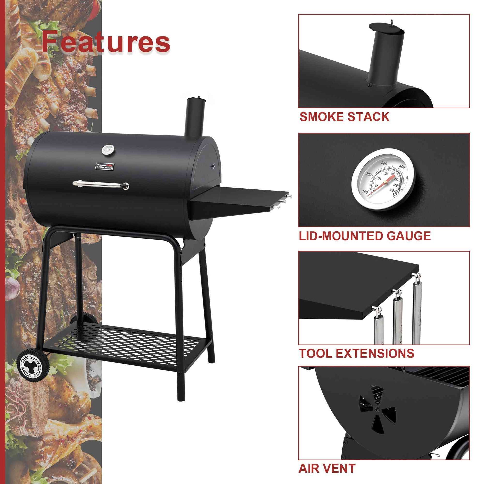 Royal Gourmet CC1830 30-inch barrel charcoal grill with 627 sq.in cooking surface, outdoor cooking appliance with metal handle and vents.