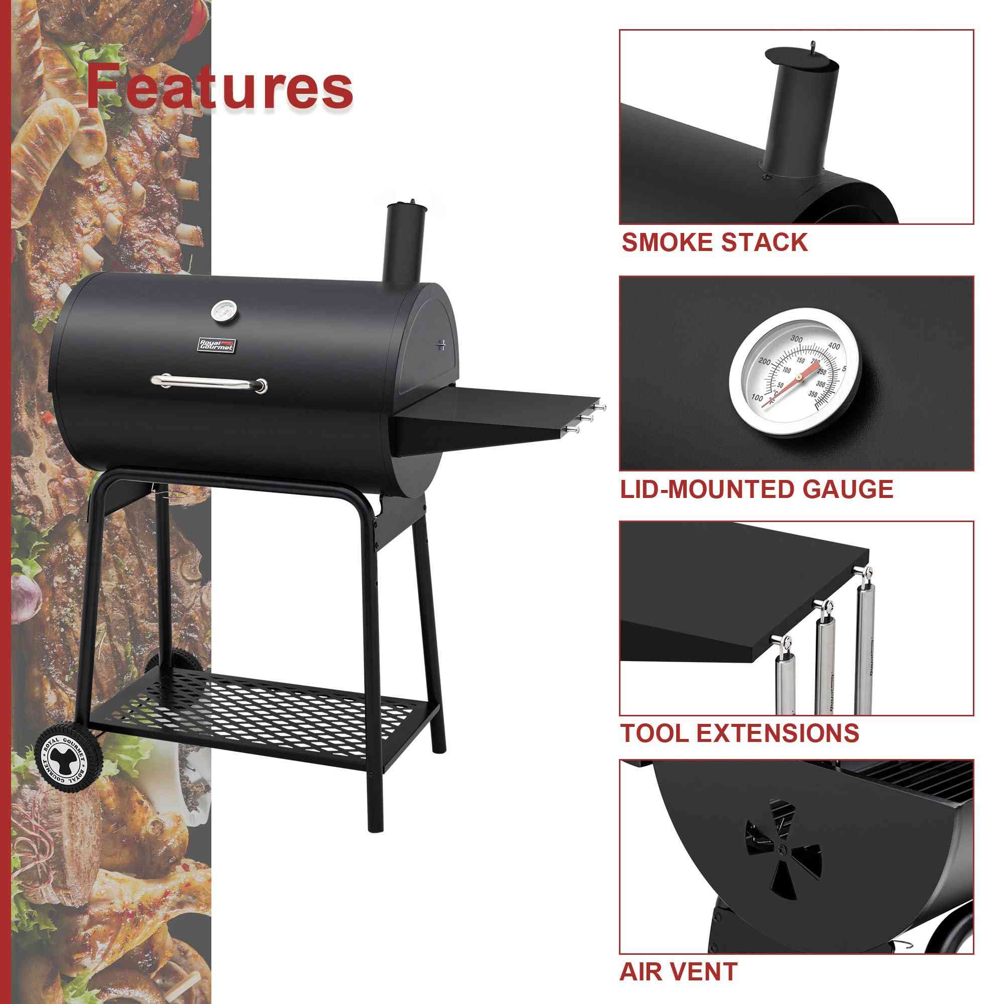 Royal Gourmet CC1830 30-inch barrel charcoal grill with 627 sq.in cooking surface, outdoor cooking appliance with metal handle and vents.