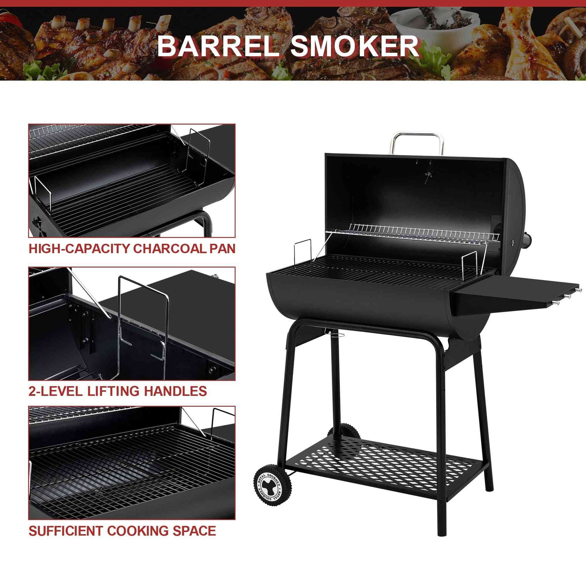 Royal Gourmet CC1830 30-inch barrel charcoal grill with 627 sq.in cooking space, outdoor grill for barbecues and grilling.