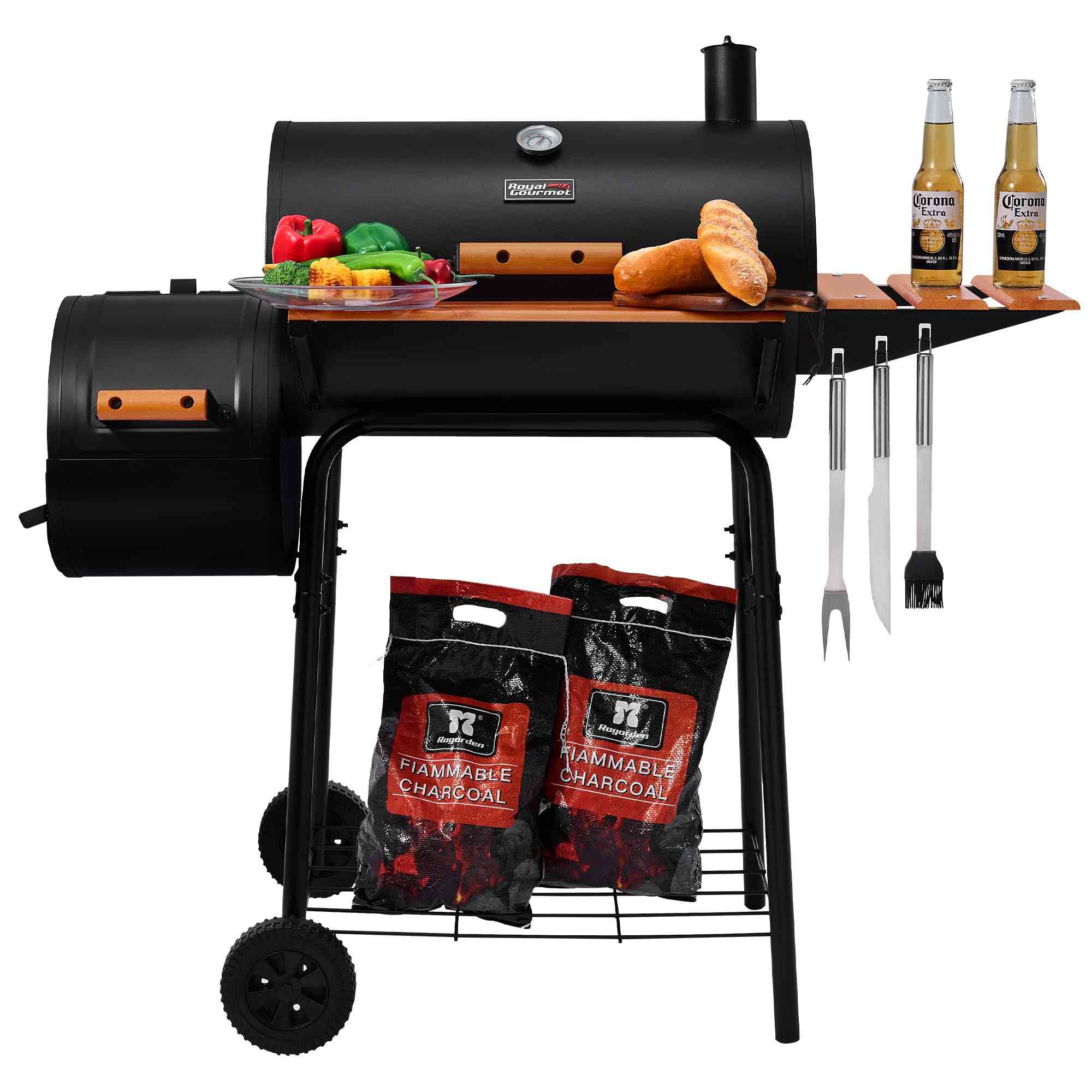 Royal Gourmet CC1830W 30-inch charcoal grill with offset smoker and 811 sq.in cooking area, ideal for outdoor grilling.