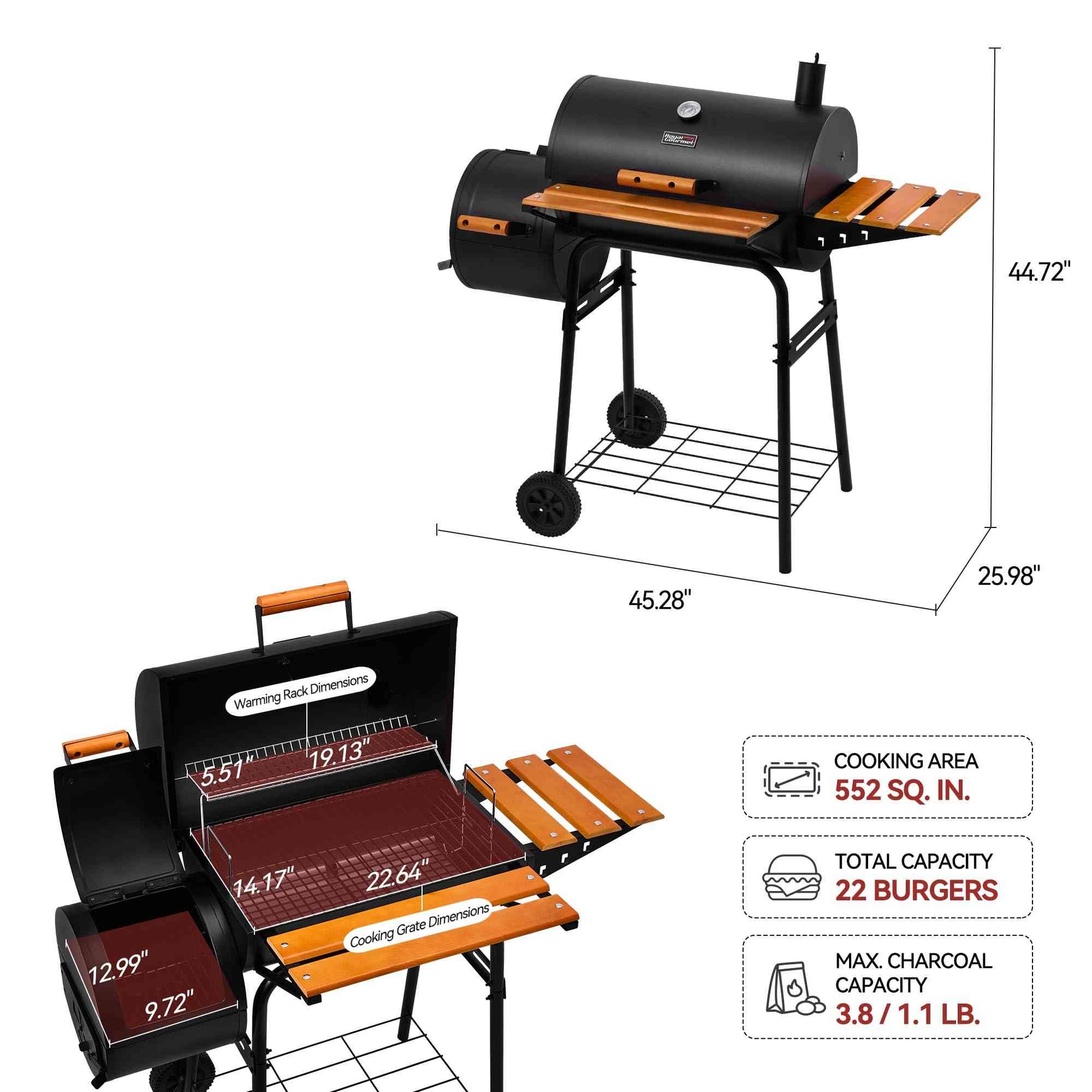 Royal Gourmet CC1830W 30-inch charcoal outdoor grill with offset smoker and 811 sq.in cooking area, featuring metal handles and vents.