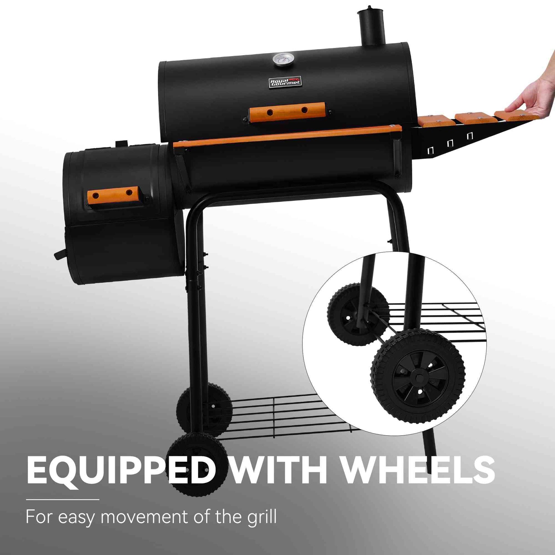 Royal Gourmet CC1830W 30-inch charcoal grill with offset smoker and 811 sq.in cooking space, outdoor grill with metal lid and side shelf.