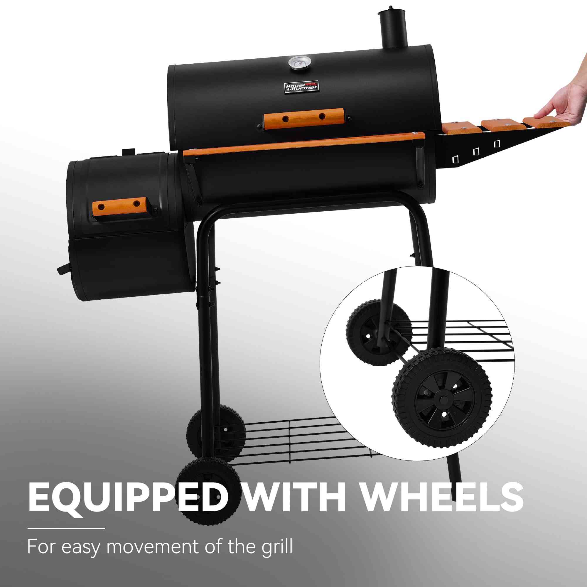 Royal Gourmet CC1830W 30-inch charcoal grill with offset smoker and 811 sq.in cooking space, outdoor grill with metal lid and side shelf.