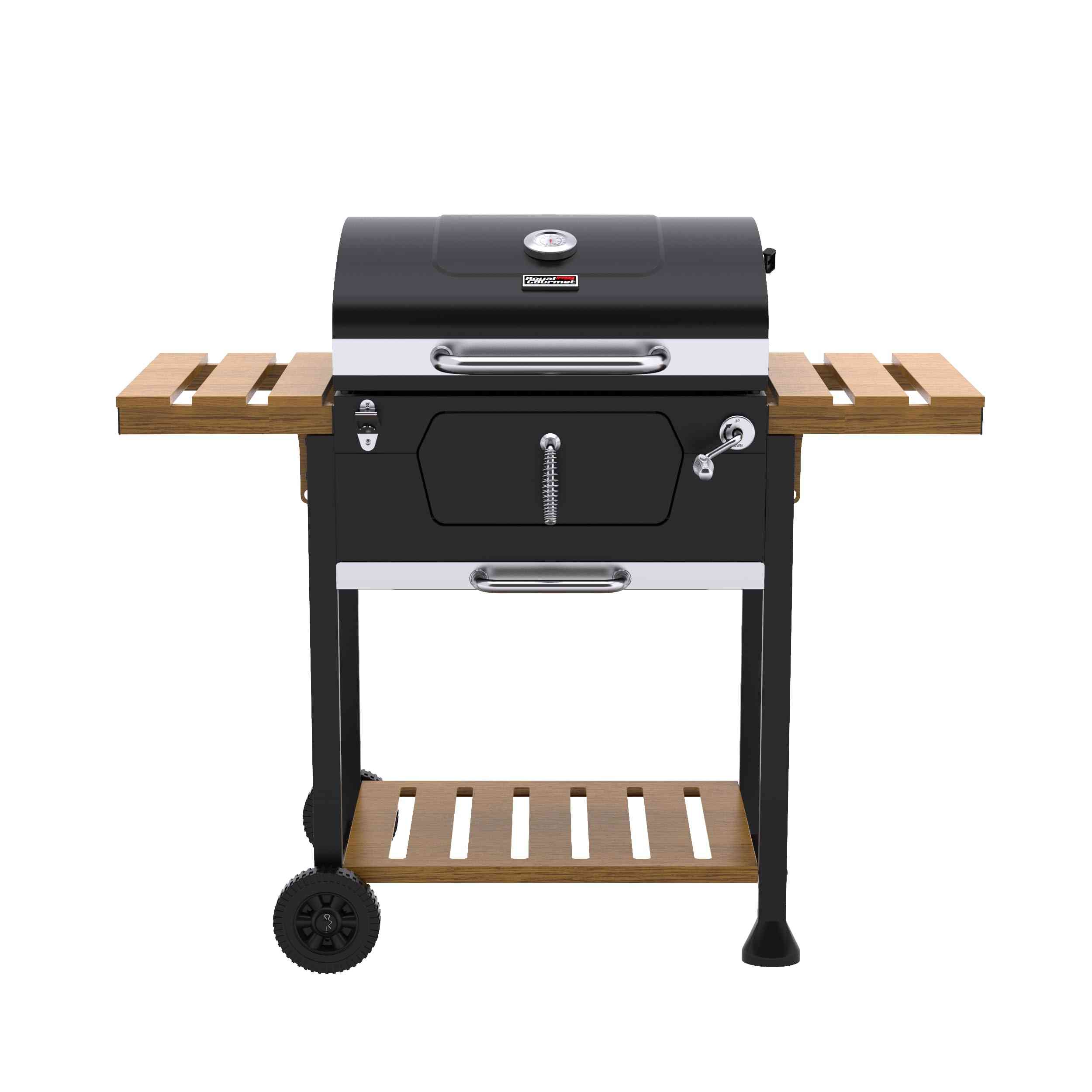 Royal Gourmet CD1824M 24-inch charcoal outdoor grill with folding side trays and cooking grates in a backyard setting
