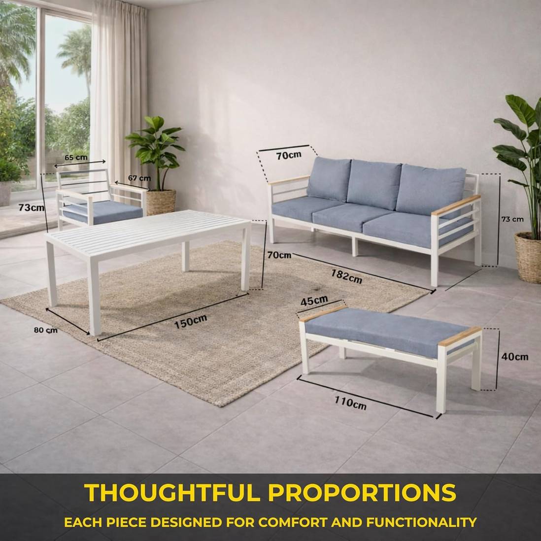 Seven-seater aluminium outdoor sofa and dining set with white frame, grey cushions, and slatted table for garden relaxation.