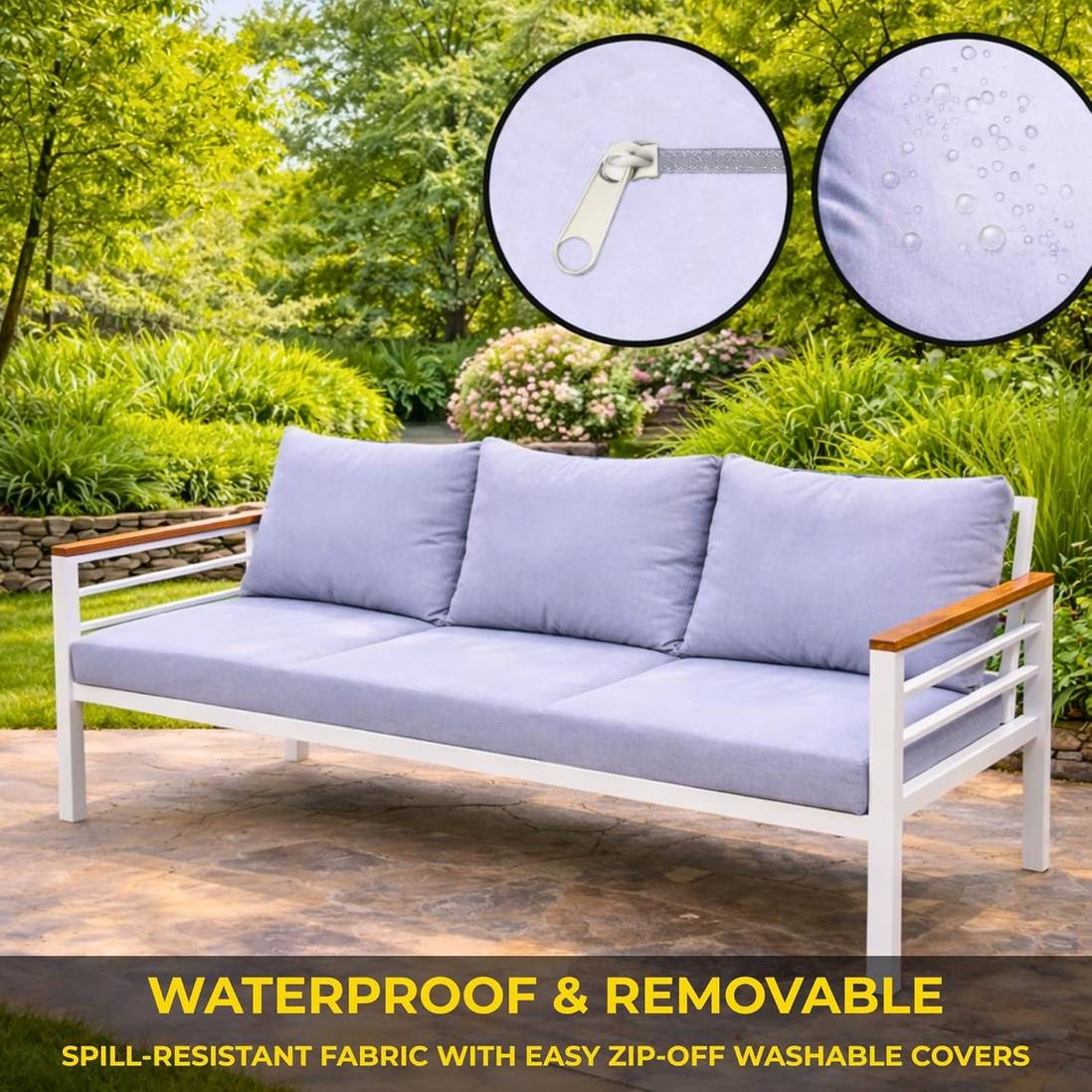 7-seater aluminium outdoor sofa and dining set with white frame, grey cushions, and slatted table for garden relaxation.