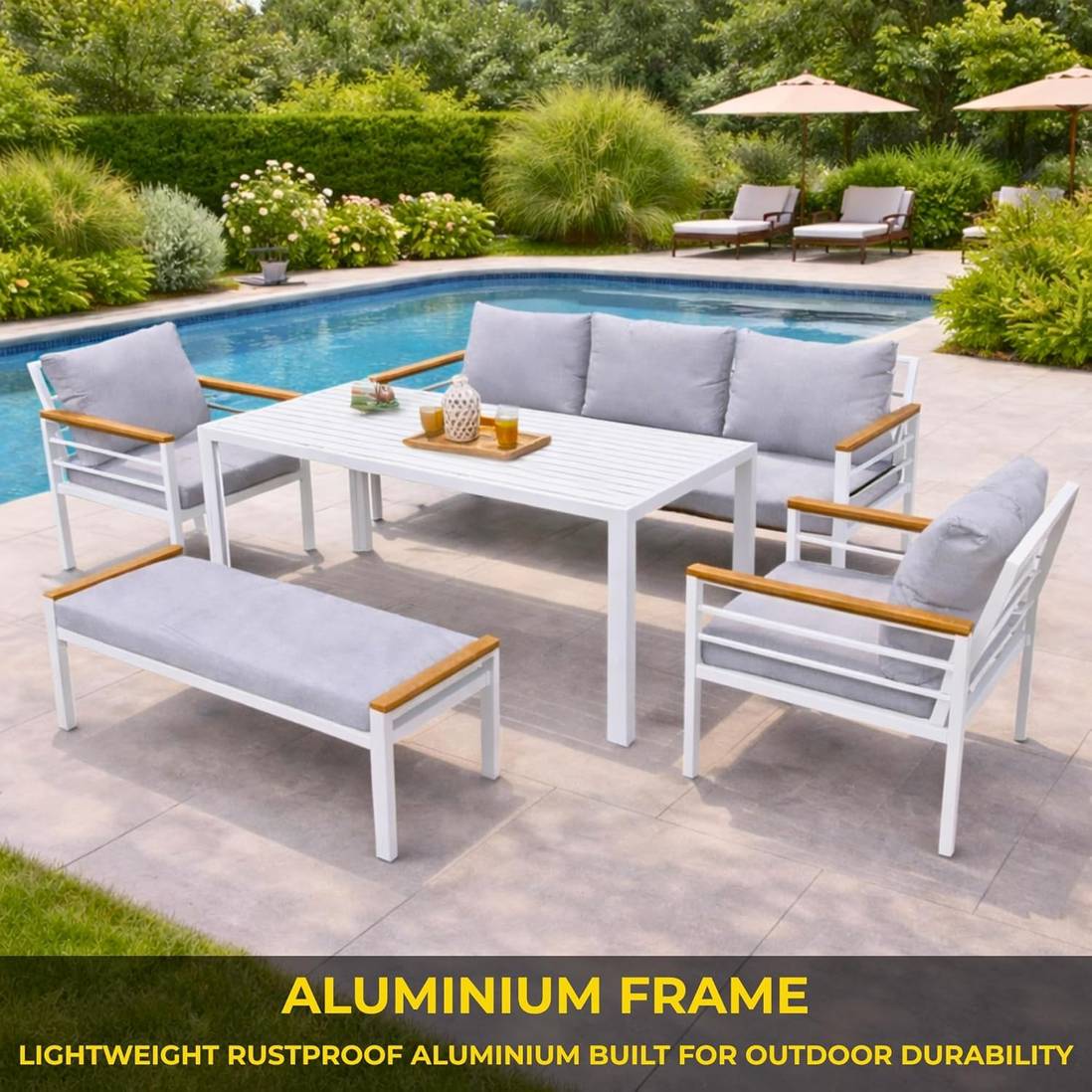 Seven-seater white aluminum outdoor sofa set with grey cushions and slatted table, featuring stylish garden furniture design.