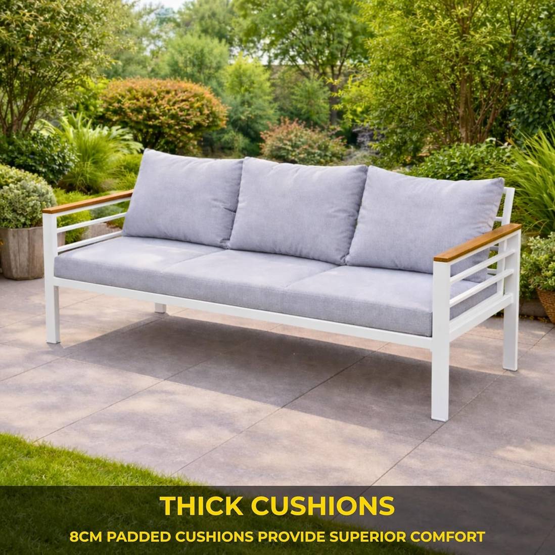 White frame 7-seater aluminium outdoor sofa and dining set with grey cushions and slatted table, ideal for garden relaxation.