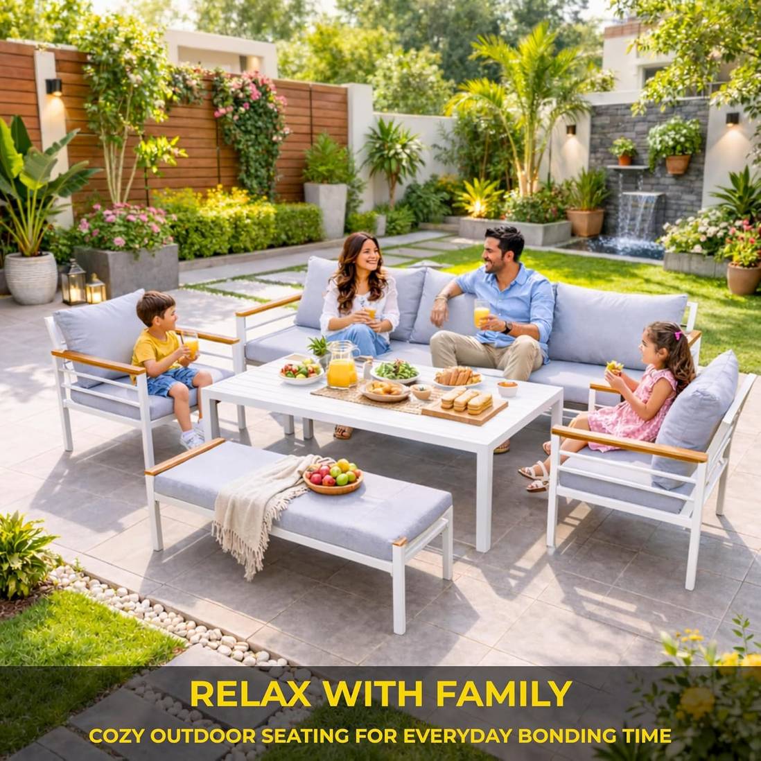White frame 7-seater aluminium outdoor sofa and dining set with grey cushions and slatted table, ideal for garden or patio.