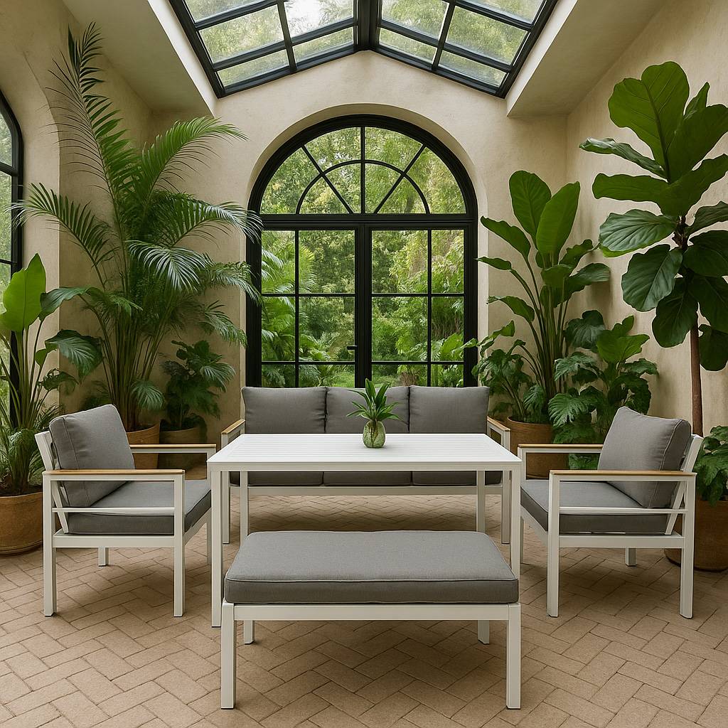 Seven-seater aluminium outdoor sofa and dining set with white frame, grey cushions, and slatted table for garden relaxation.