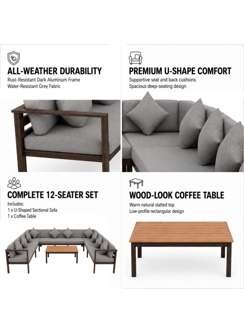 U-Shape 12-Seater Outdoor Garden Sofa Set | Aluminium Frame & Weather-Resistant Fabric