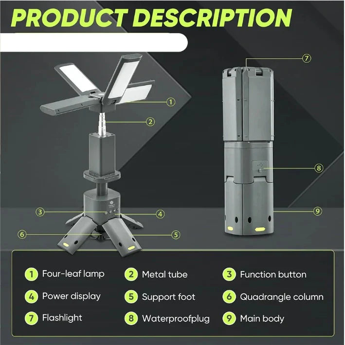 Casa Fiora telescopic LED camping light with 1500LM brightness, USB rechargeability, magnet, and IPX5 waterproof design.
