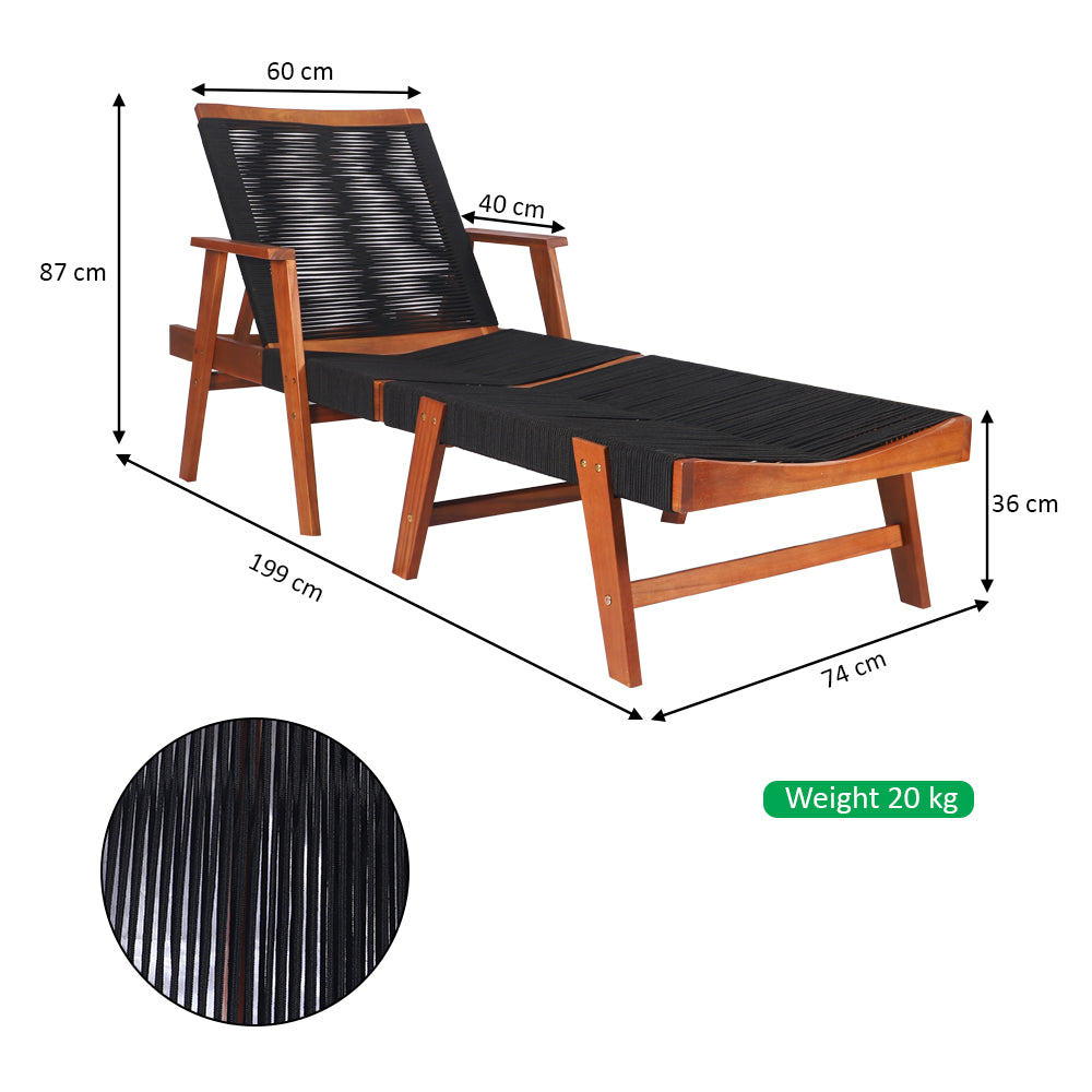 Acacia Wood Outdoor Sun Lounger | Rope Weave | 4-Position Reclining | Black