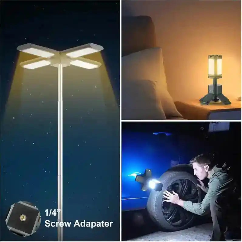 telescopic LED camping light with USB recharge, magnet, and IPX5 waterproof design, shown extended and ready for outdoor use.