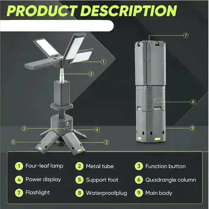 telescopic LED camping light with 1500LM brightness, USB rechargeability, magnet, and IPX5 waterproof design.