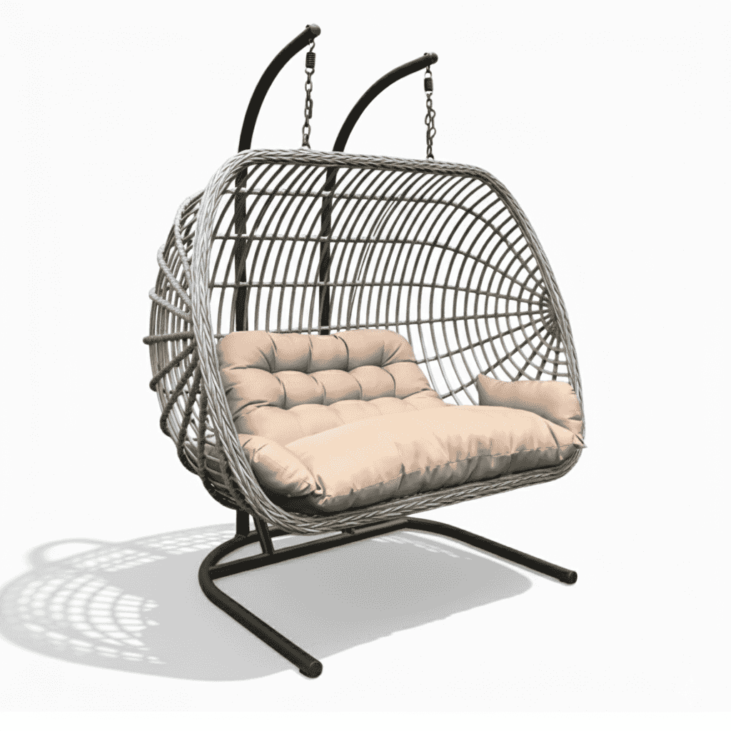 Two-person outdoor patio swing chair with rattan frame and plush cushions for relaxing outdoor lounging.