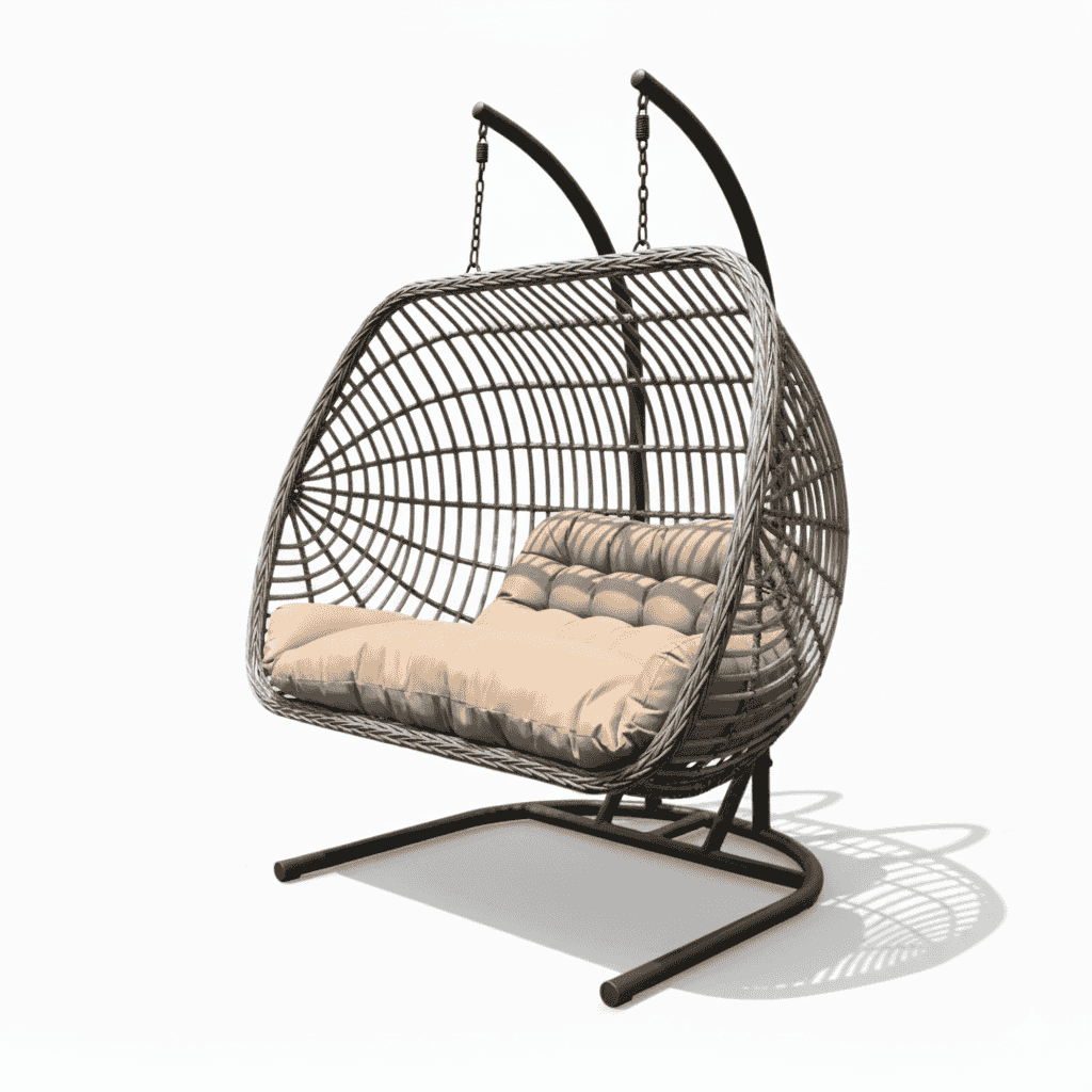 Two-person outdoor patio swing chair with durable rattan frame and plush cushions for comfortable lounging in a garden setting.