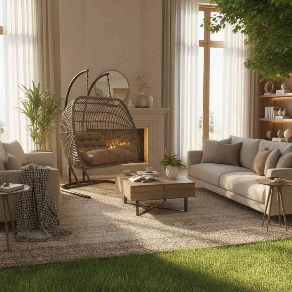 Two-person outdoor patio swing chair with rattan frame and plush cushions, perfect for relaxing in a backyard or garden setting.