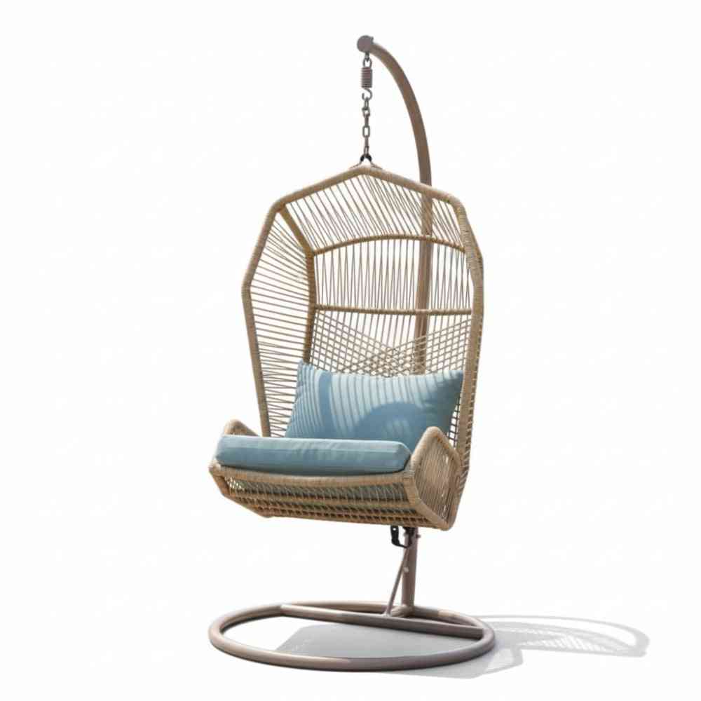 A unique garden swing chair from The Outdoor Furniture Market with a cozy, woven design and sturdy frame for outdoor relaxation.