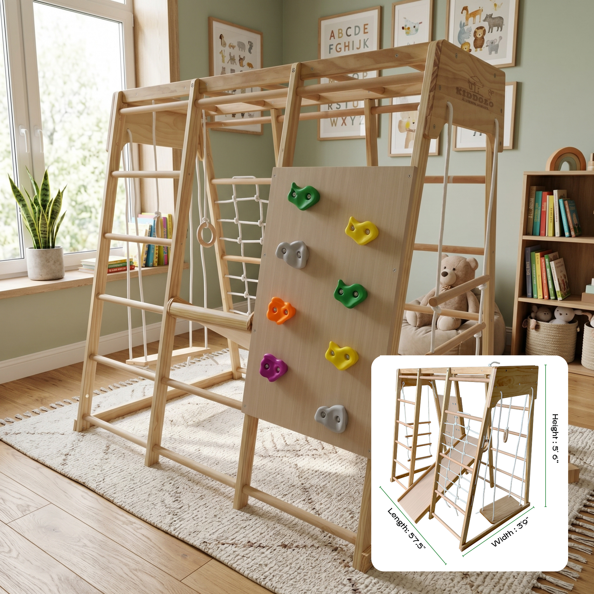 Kiddoro Cheerful Climber outdoor playset for kids with swings, slides, and colorful climbing features in a backyard setting.