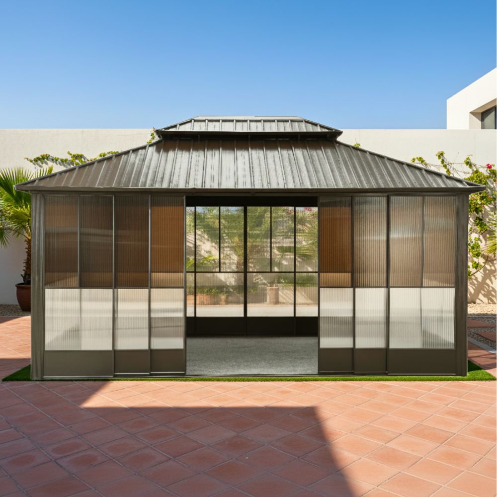 Double Hardtop Gazebo Outdoor Screen House Backyard Sun Room Aluminum Solarium with Sliding doors