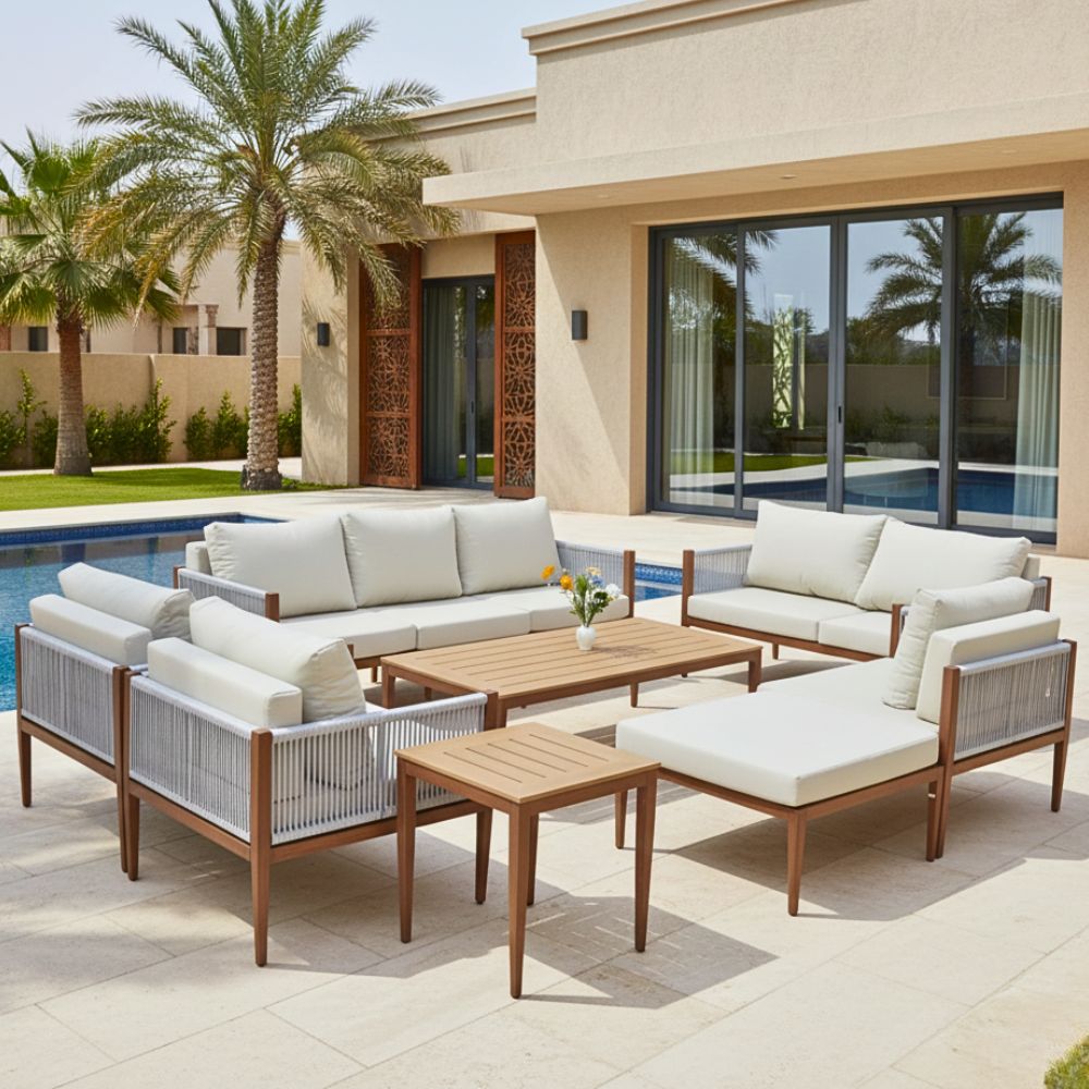 Casa Fiora Premium 8 Seater Outdoor Garden Sofa with Durable Aluminum Frame, Comfortable Sponge Cushion, and Weather-Resistant Polyester Fabric