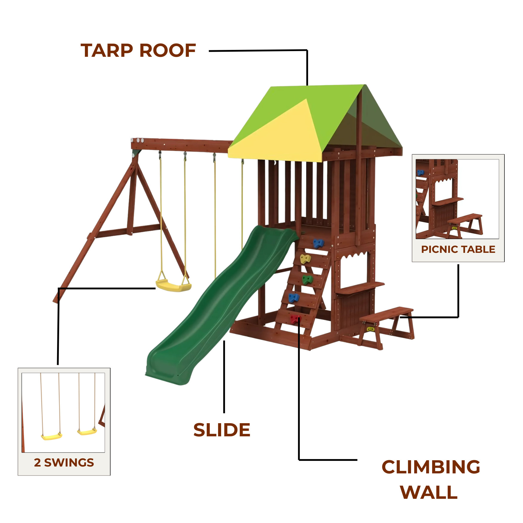 Kiddoro Mighty Jungle Gym outdoor swing set with colorful slides, swings, and climbing features for kids' outdoor play.