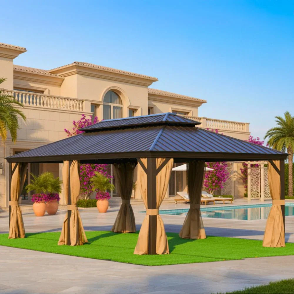 3.65x6m Double Roof Aluminum Gazebo Brown - The Outdoor Furniture Market 