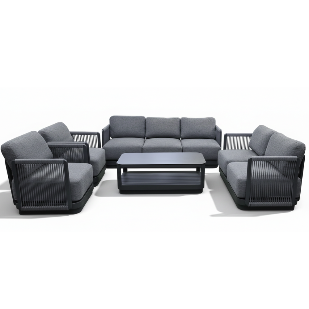 Outdoor Casa Fiora 7-seater aluminum lounge set in grey with rope details, perfect for patio or garden relaxation.