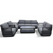 Outdoor Casa Fiora 7-seater aluminum lounge set in grey with rope details, perfect for patio or garden relaxation.