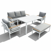 Aluminium Casa Fiora 7 seater sofa set with a dining table, showcasing modern outdoor furniture in a stylish arrangement.