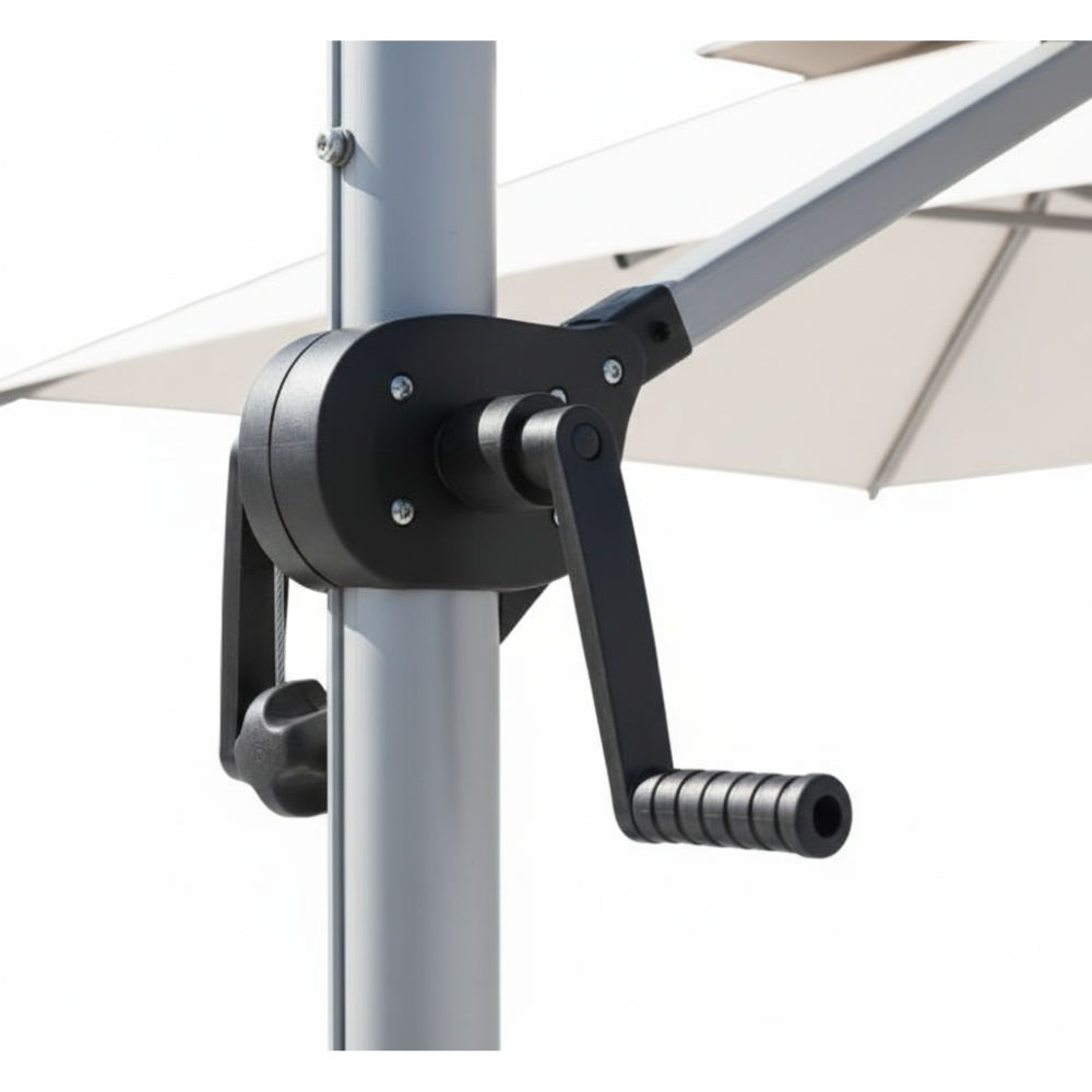 CasaFiora LumiShade 3x3m cantilever outdoor umbrella with solar LED lights and sturdy water base in white.