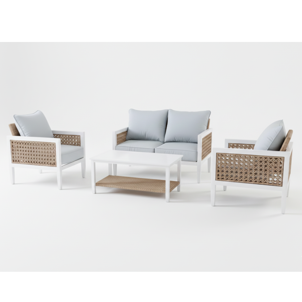 4-seater Casa Fiora aluminum rattan lounge set with cushions, showcasing a modern outdoor seating arrangement.