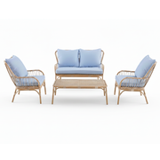 Casa Fiora 4 seater aluminium wood lounge set with blue cushions in a stylish outdoor setting.