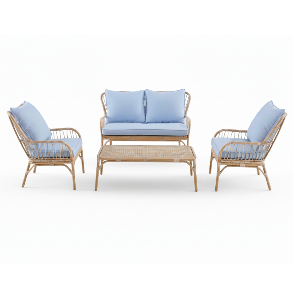 Casa Fiora 4 seater aluminium wood lounge set with blue cushions in a stylish outdoor setting.