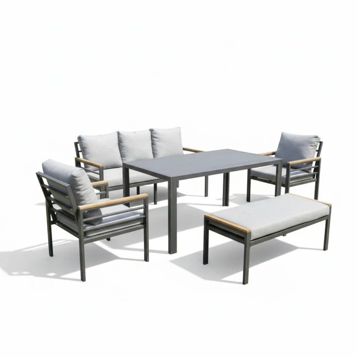 White-framed 7-seater aluminium outdoor sofa and dining set with grey cushions and slatted table, ideal for patio or garden.