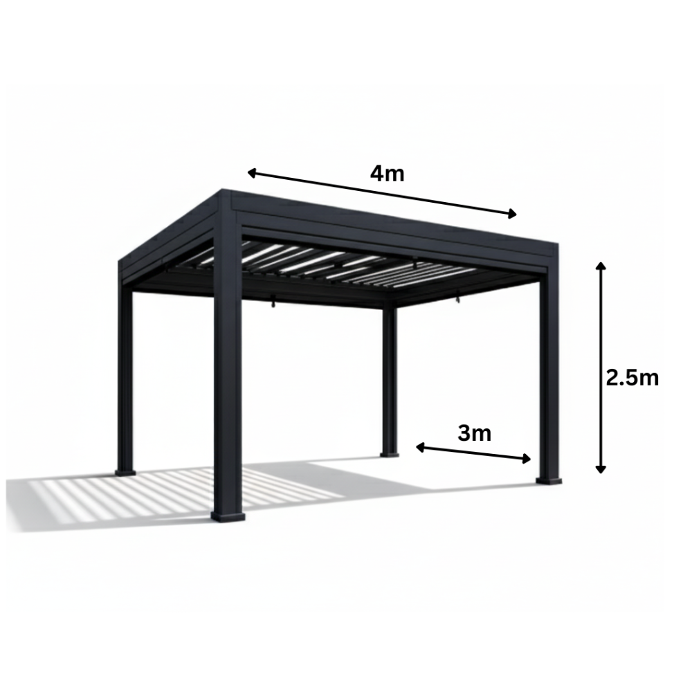 Casa Fiora luxury 3x4m grey pergola with wind-resistant roller blinds, showcasing a stylish outdoor shade structure.