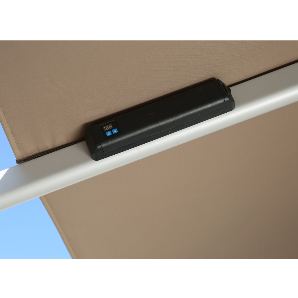 CasaFiora khaki 3x3m cantilever outdoor umbrella with solar LED lights and water base in a garden setting.