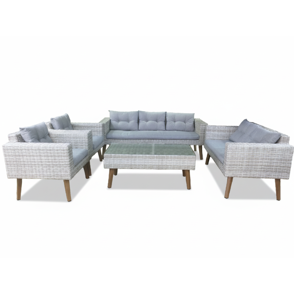 7 seater grey rattan lounge set by Casa Fiora with plush grey cushions, ideal for outdoor relaxation and gatherings.