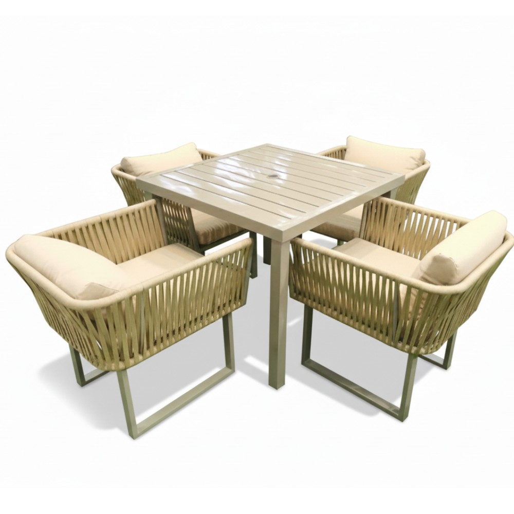 Aluminum Beige Rope Dinning Set With Beige Cushion