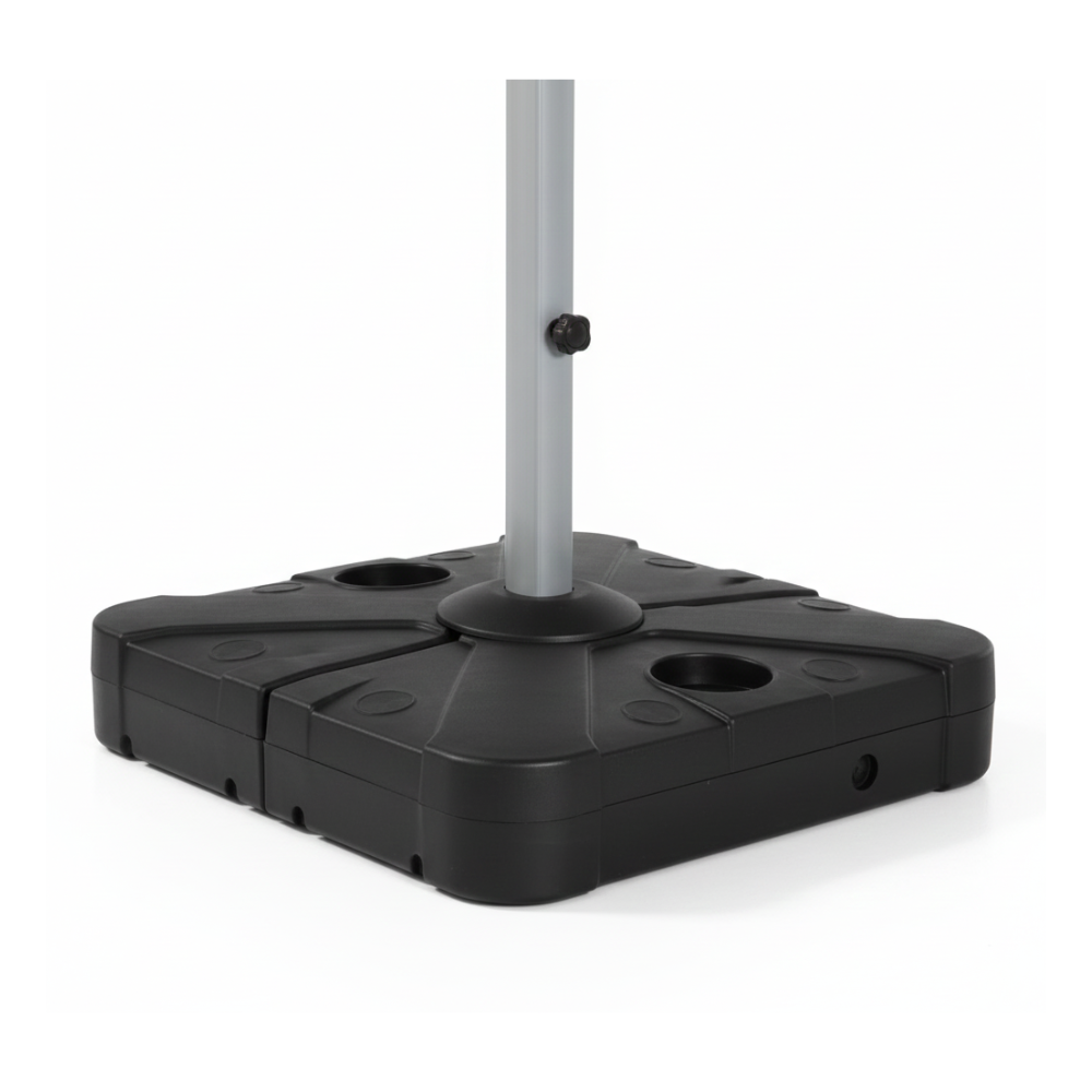 CasaFiora 3x3m cantilever outdoor umbrella with solar LED lights and water base in white, providing shade and ambiance.