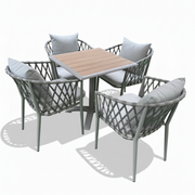 CasaFiora WovenLine 4-seater outdoor dining set featuring an aluminum frame and wood-effect tabletop in a garden setting.