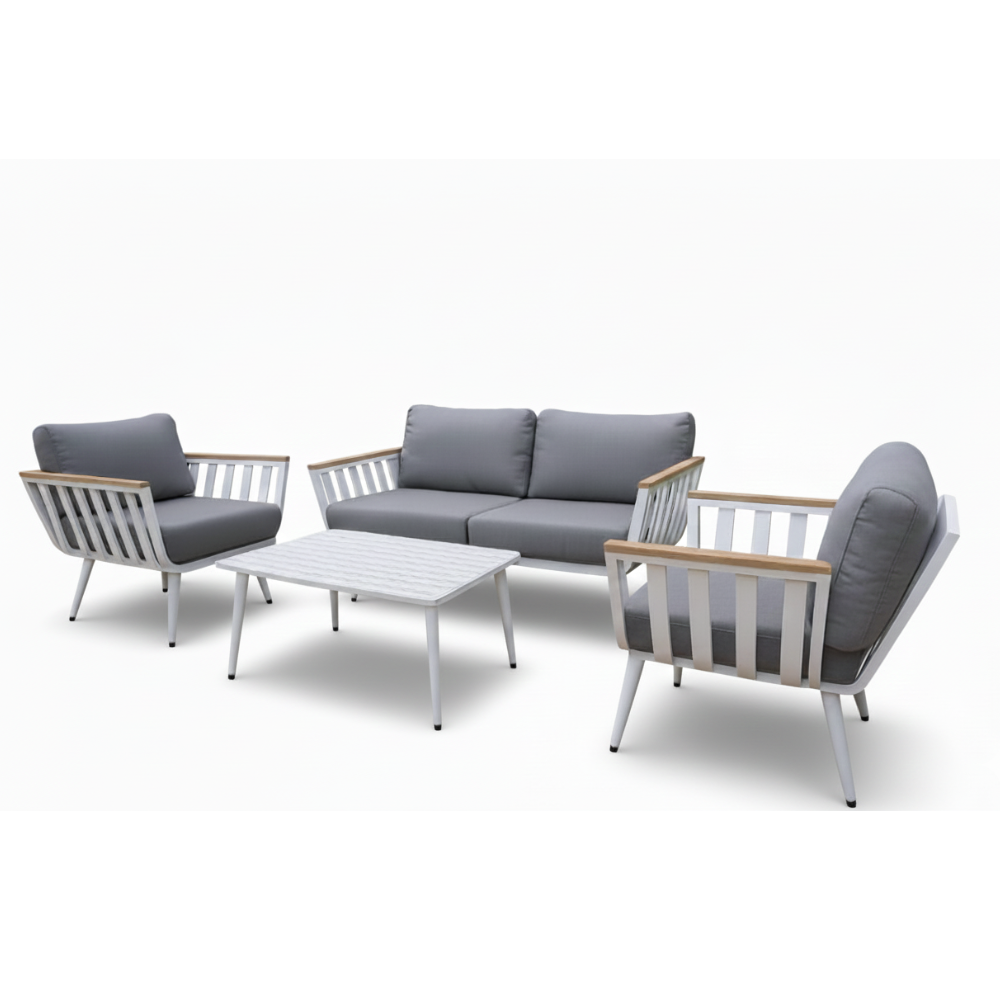 CasaFiora Elite outdoor lounge sofa set featuring premium cushions and stylish wood accents in a modern garden setting.