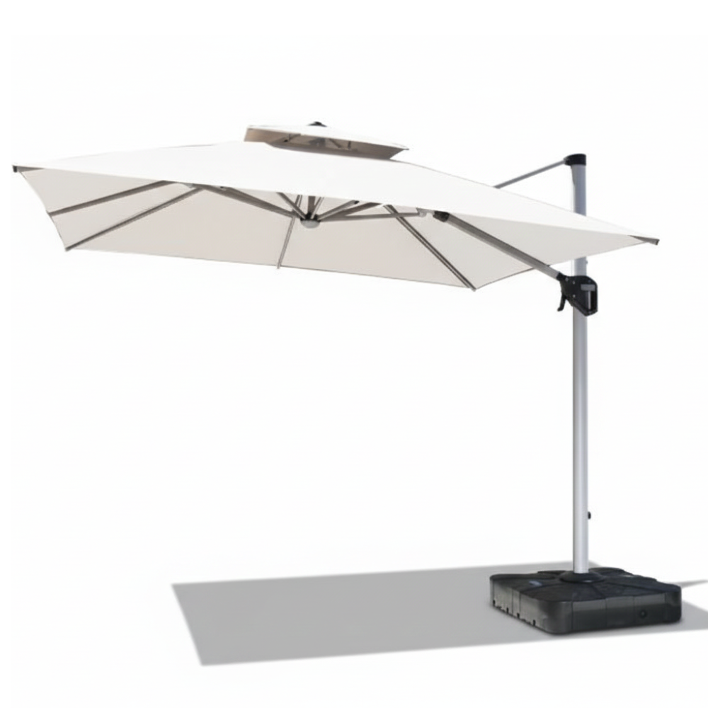 CasaFiora 3x3m cantilever outdoor umbrella with solar LED lights and water base in white color, set in a garden.
